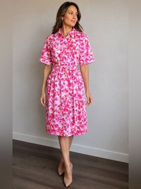 NWT DKNY Pink Floral Cotton Shirt Dress Size 8